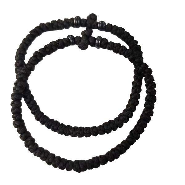 Greek Orthodox prayer rope Komboskini 61, knotted wax thread bracelet, Greek cross prayer rope bracelet  black color and clear bead