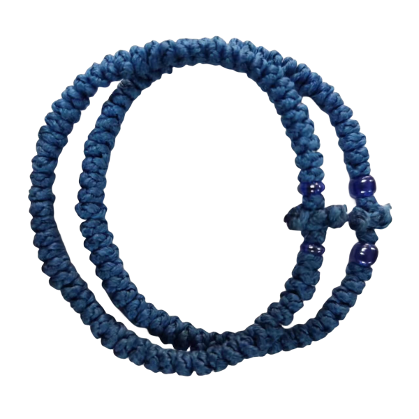 Blue color and blue bead Greek Orthodox prayer rope Komboskini 61, knotted wax thread bracelet, Greek cross prayer rope bracelet